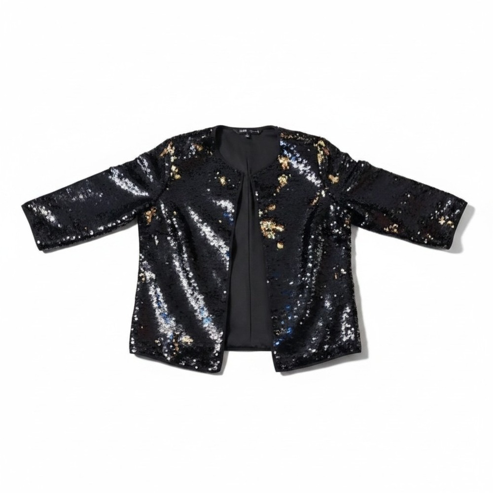 LuLaRoe Elegant Collection Black Gold Sequin Open Front Jacket‎ Small